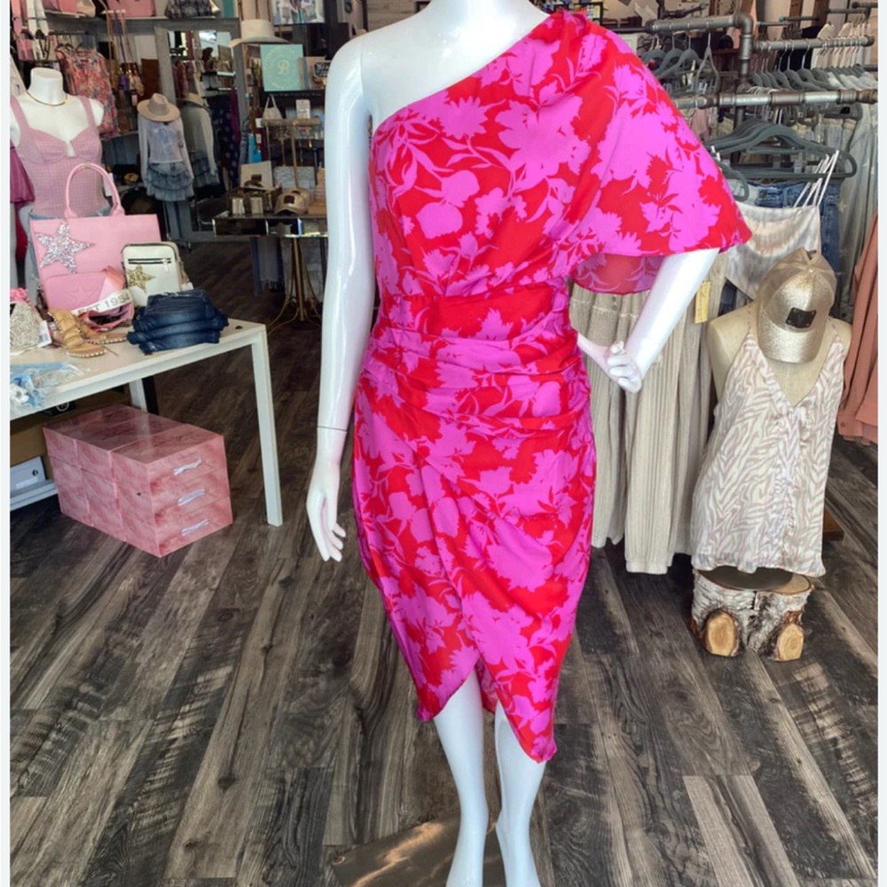 DO + BE Pink and Red dress size Large would say fits more like a medium